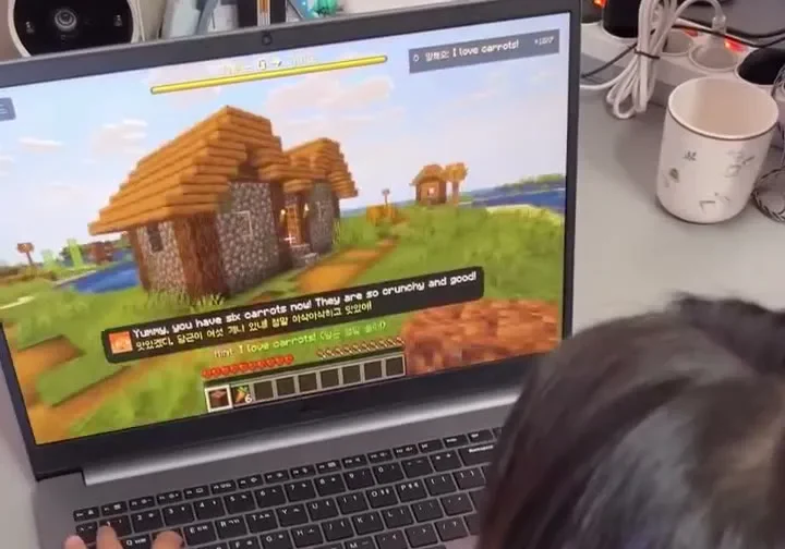 A child, seen from behind, playing Minecraft on a laptop